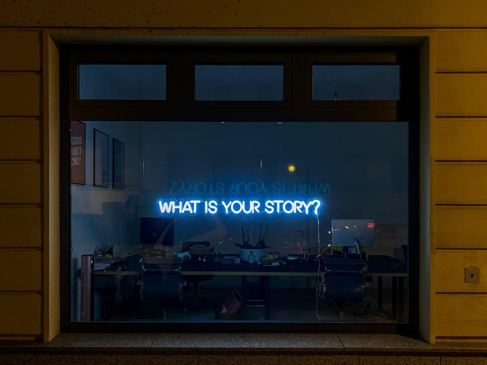 Neon sign in an office window